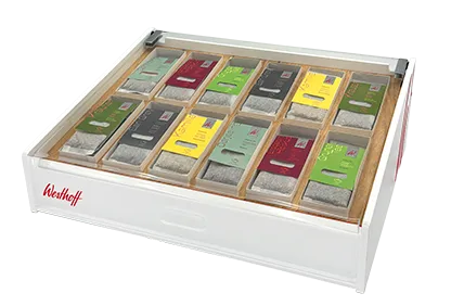 Ein Bild eines Teepräsenters für 12 Sorten Teamaster Kannenbeutel